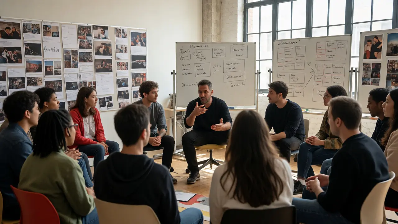 Group of filmmakers discussing projects with mentors in a bright workshop.