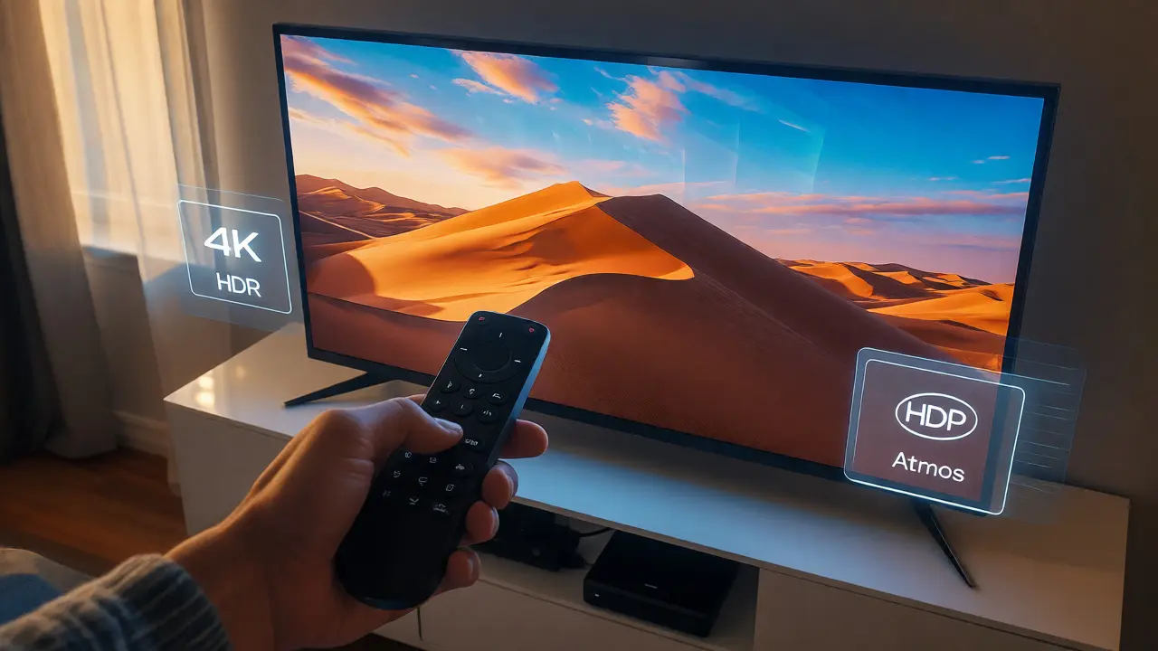 Hand using remote on TV showing vibrant HDR desert scene and quality icons