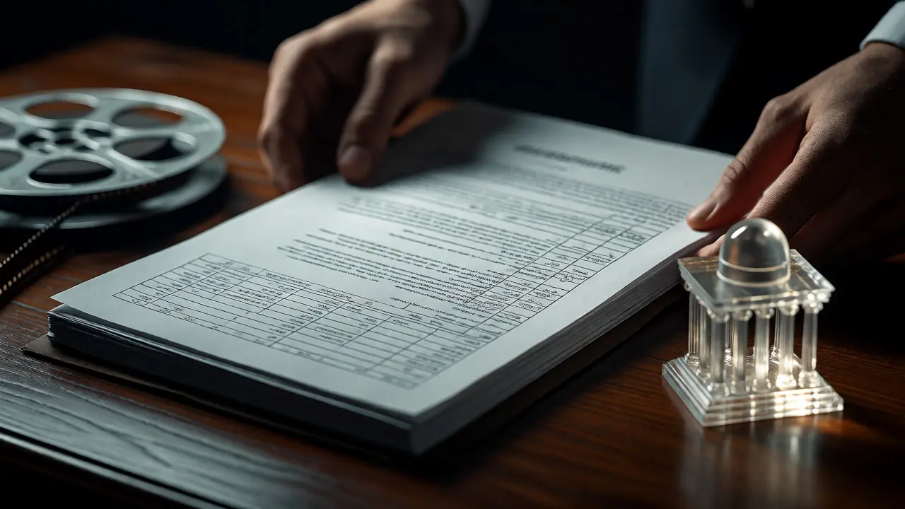 Hands organizing film scripts and documents next to a glowing glass government symbol.