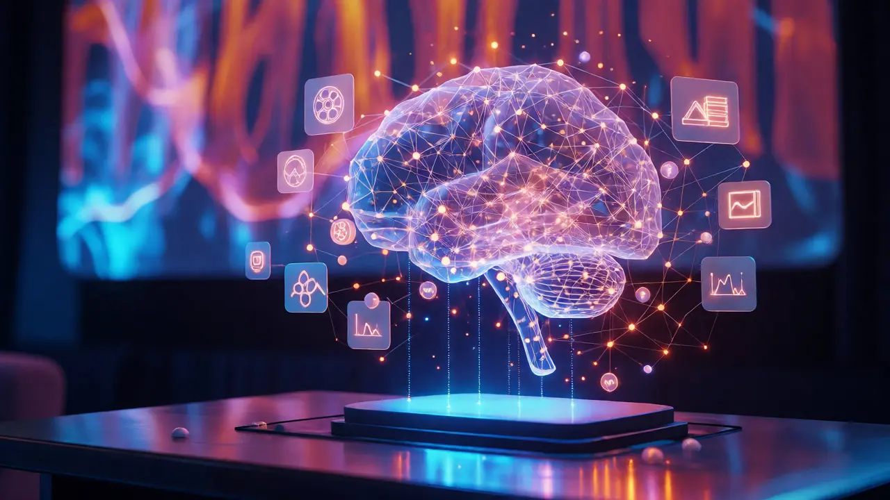 Holographic AI brain absorbing movie and award data icons