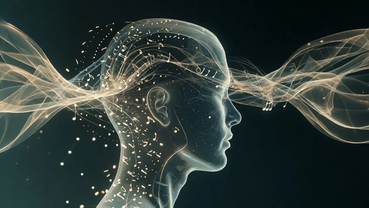 Human silhouette filled with looping particles of light representing sound.
