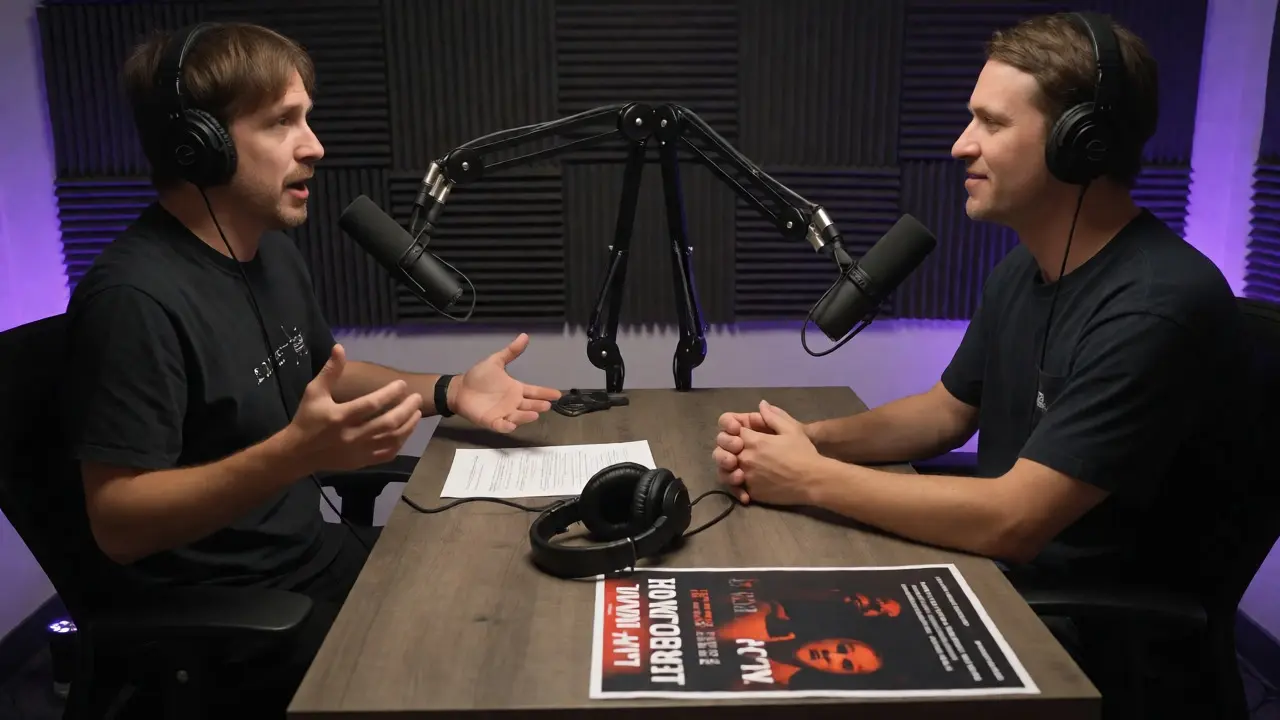 Indie director being interviewed by a host in a podcast studio.