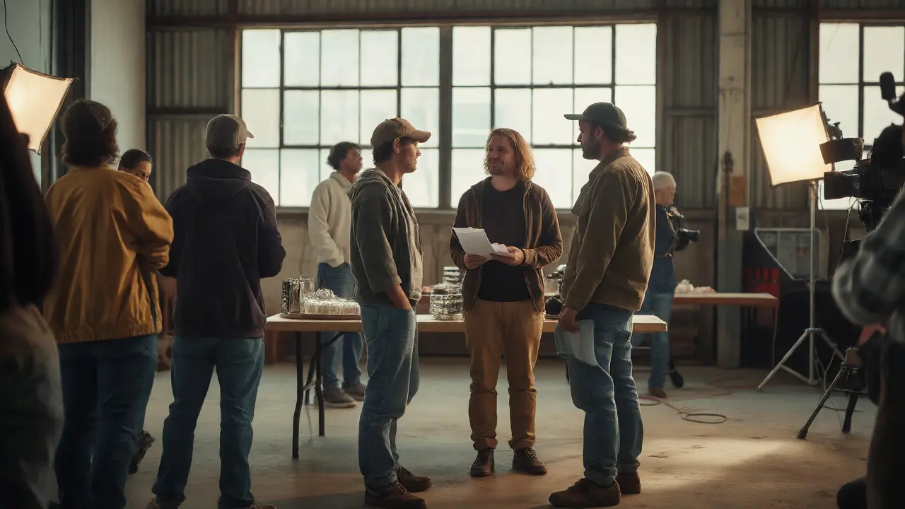 Indie film crew and actors interacting on a small set