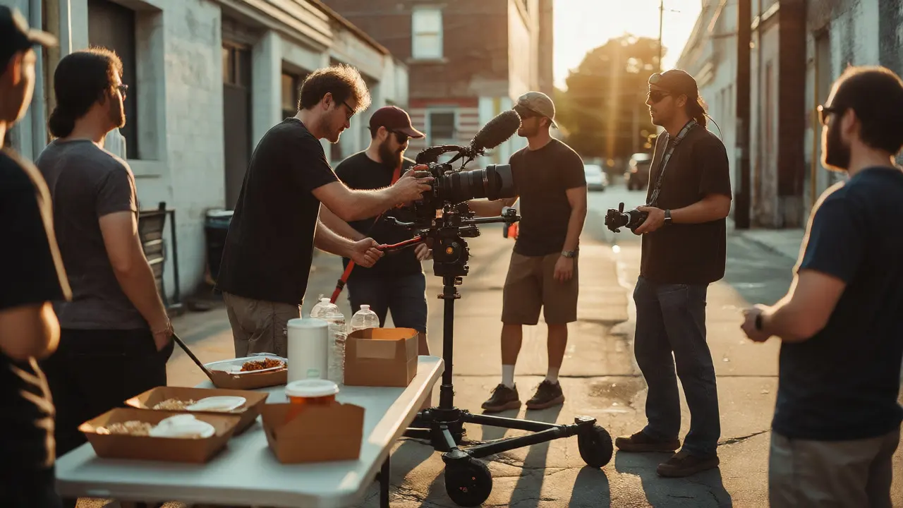 Indie film crew shooting in alley with camera gear and catering table