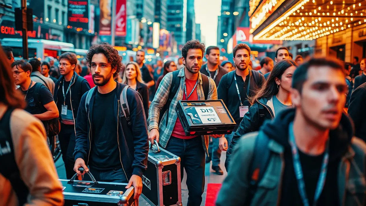 Indie filmmakers carrying gear at busy film festival street