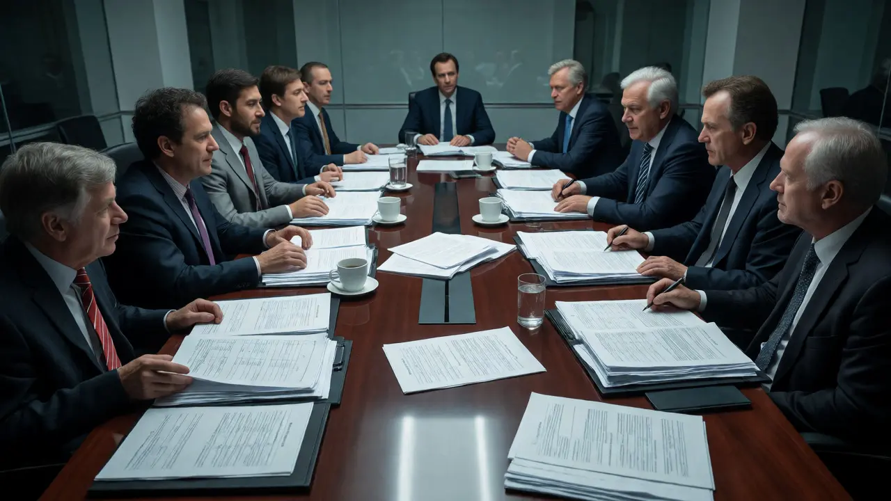 Investors reviewing production documents during a tense boardroom financing meeting.