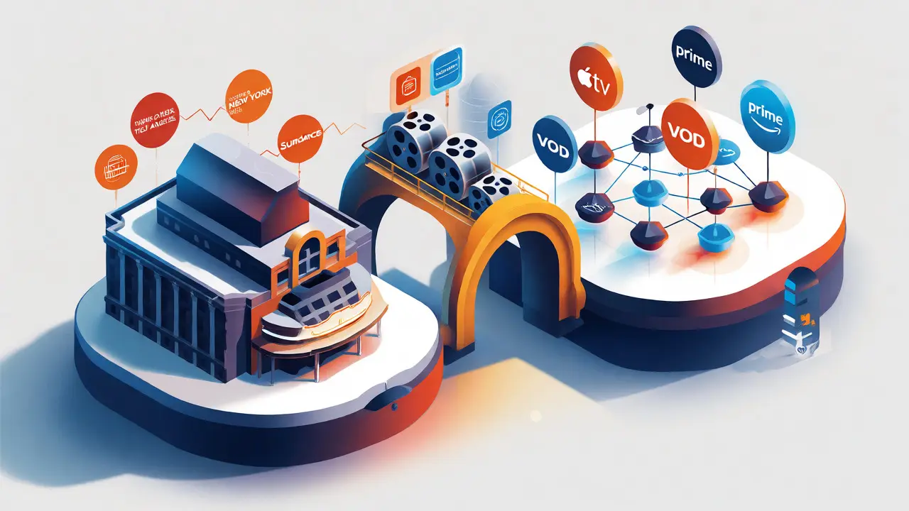Isometric illustration connecting a theater building to digital networks via a bridge of film reels.
