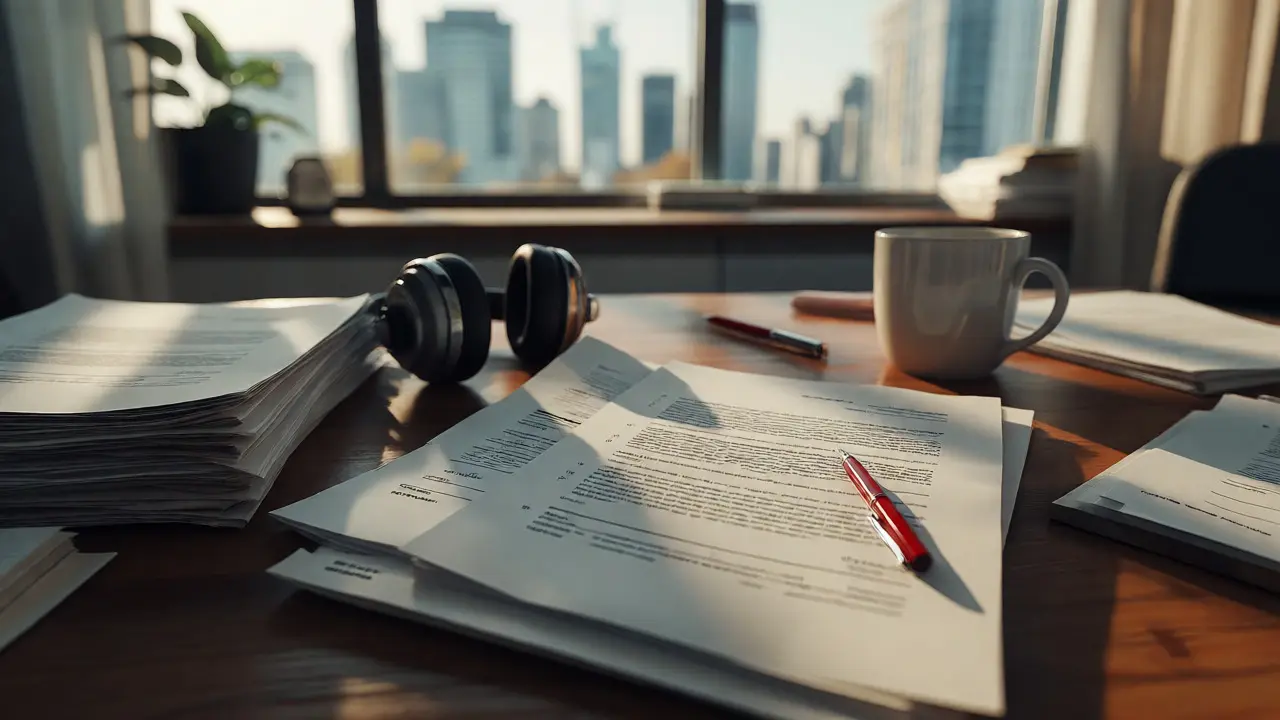 Legal contracts and headphones on a desk in a sunlit home office