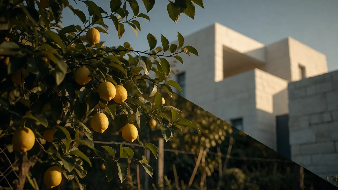Lemon tree branches next to a modern white house