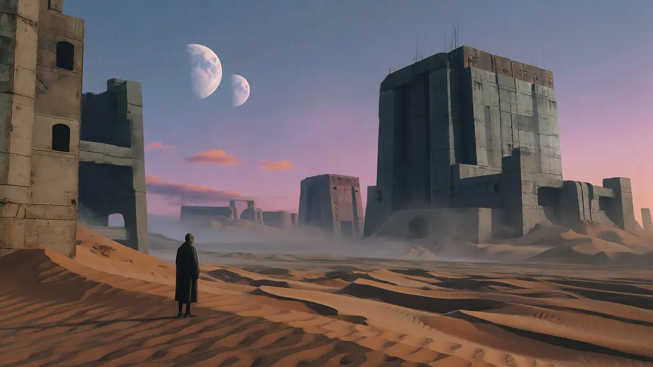 Lone figure in a surreal desert landscape with futuristic architecture