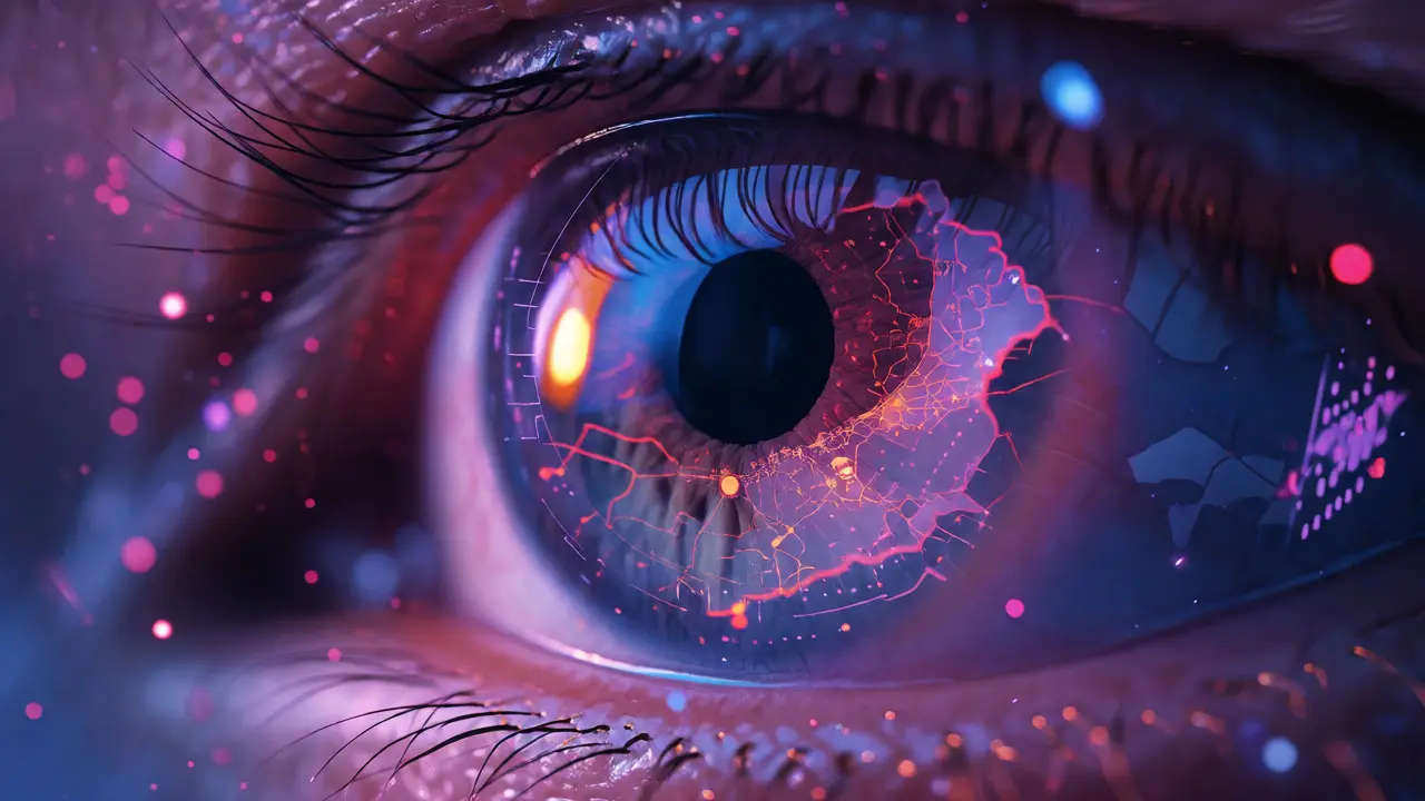 Macro shot of an eye reflecting holographic data maps and viewer engagement metrics.