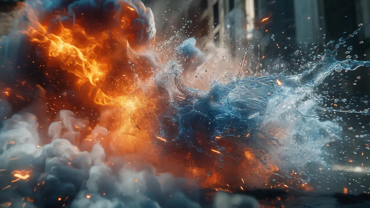 Macro shot of fire and water particles colliding during a complex VFX explosion simulation.