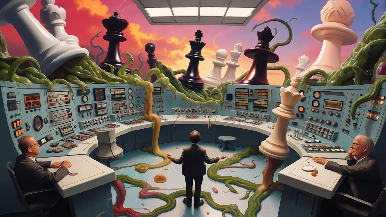 Melting nuclear war room transforming into surreal chaos