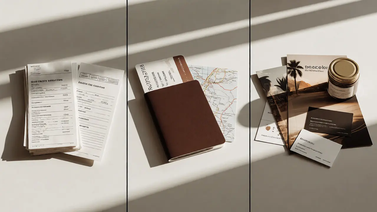 Minimalist arrangement of festival fees, travel docs, and promo items