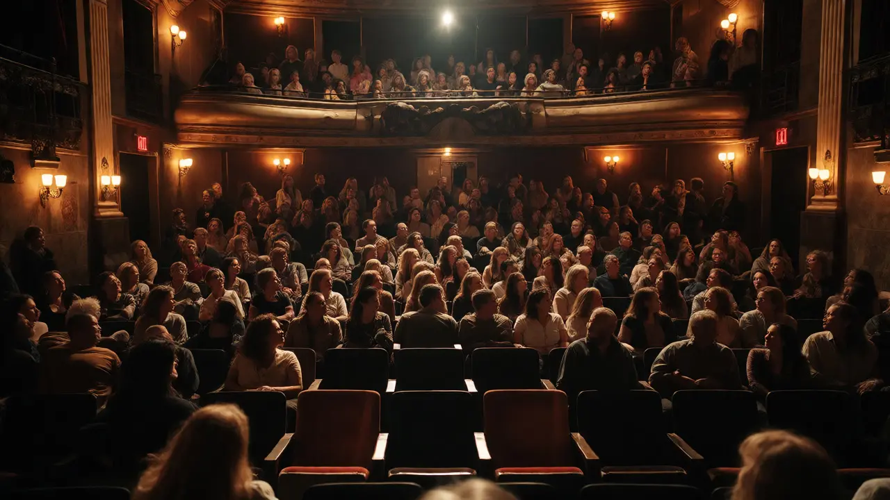 Packed interior of a small historic theater with a dense audience watching a film.