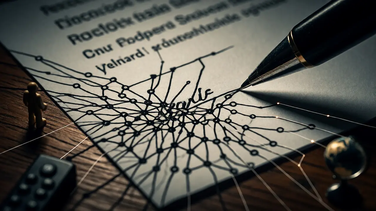 Pen signing contract with digital rights network visualization
