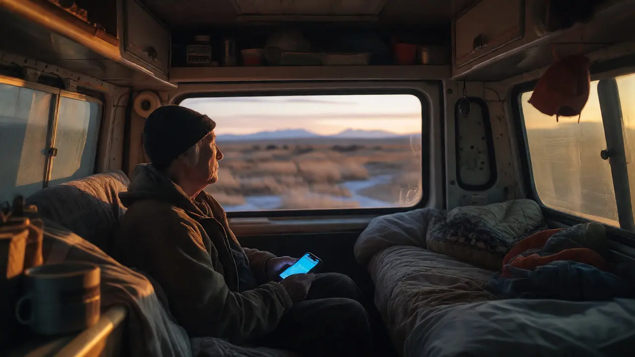 Person in a van looking out at a landscape during twilight