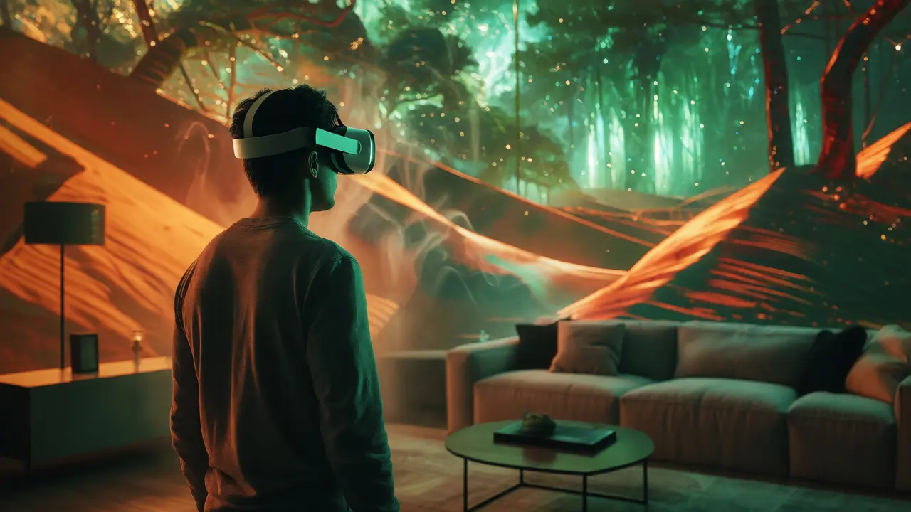 Person wearing VR headset interacting with a holographic alien landscape in a living room