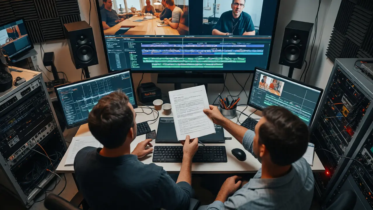 Producer and composer reviewing cue sheet in a post-production suite