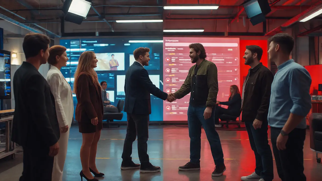 Producers and streamers negotiating co-production deals in a studio