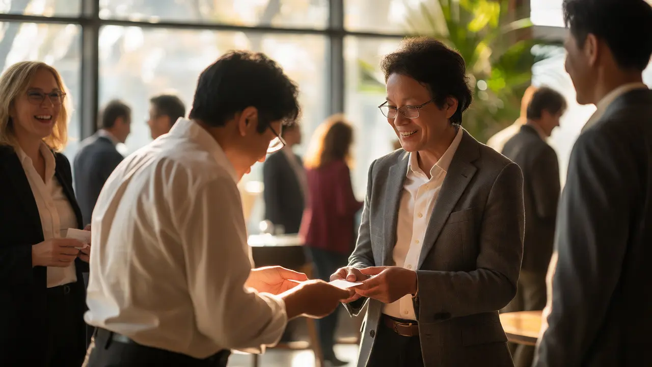 Professionals exchange business cards respectfully at a sunlit networking mixer.