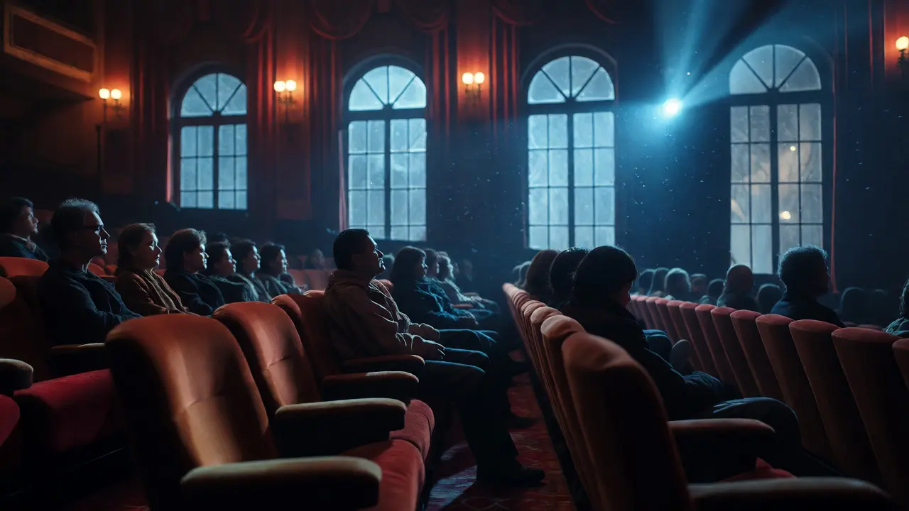 Quiet, dimly lit art-house theater with adult audience watching a film in winter.