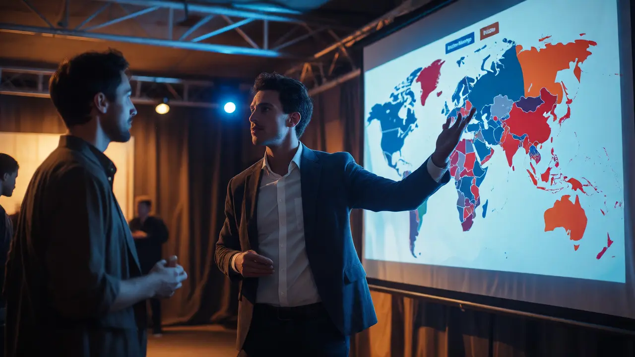 Sales agent presenting global territory strategies to a distributor in a screening room.