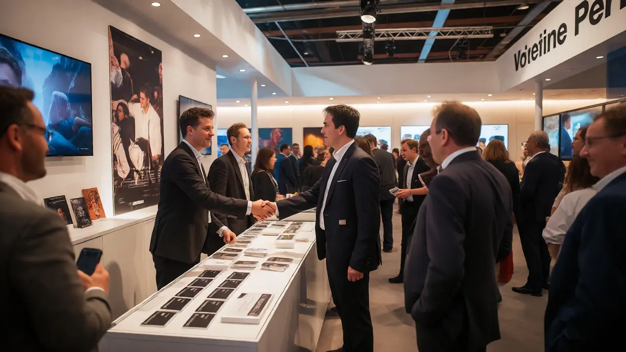 Sales agent shaking hands with distributor at film market