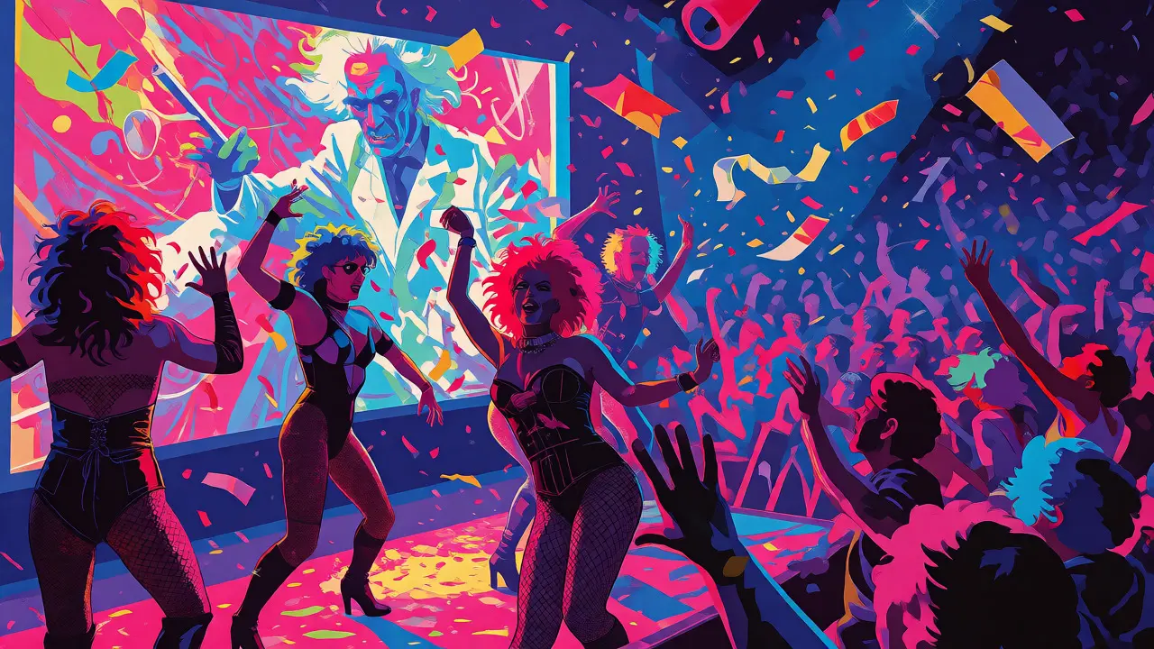 Shadow casters performing in fishnets during a vibrant midnight movie event.