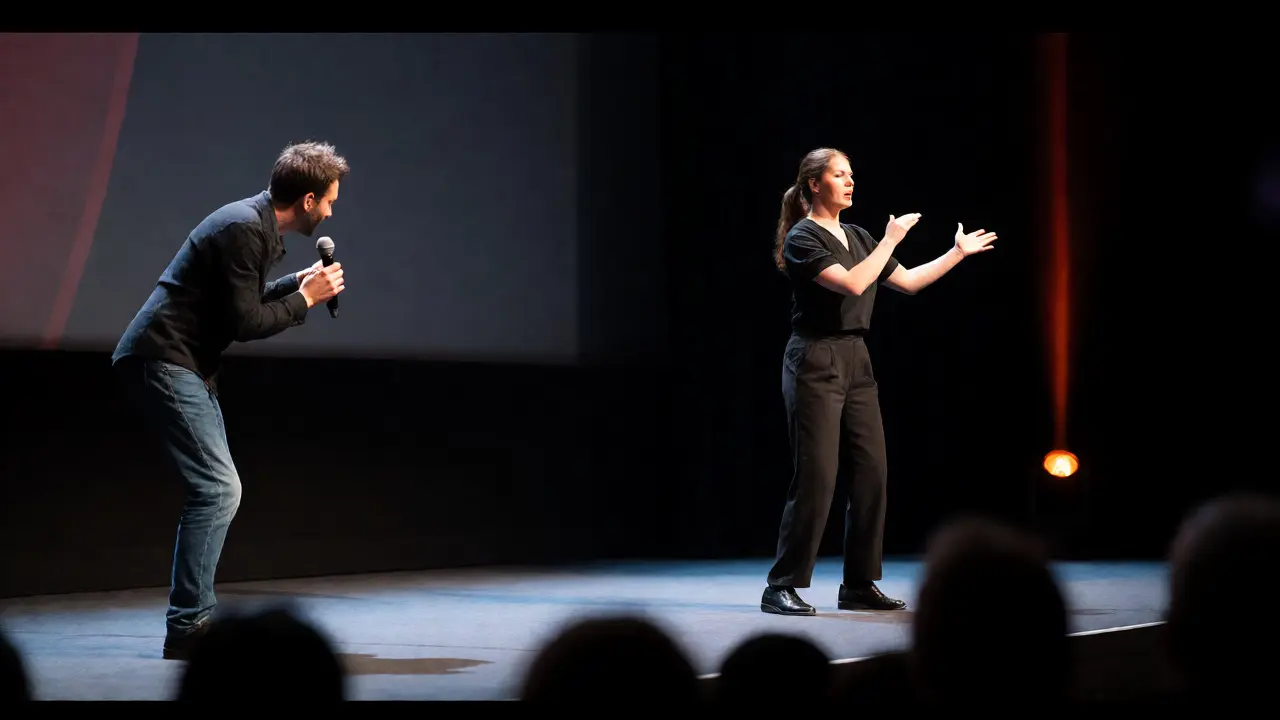 Sign language interpreter performing clearly during a film festival Q&amp;A session on stage.