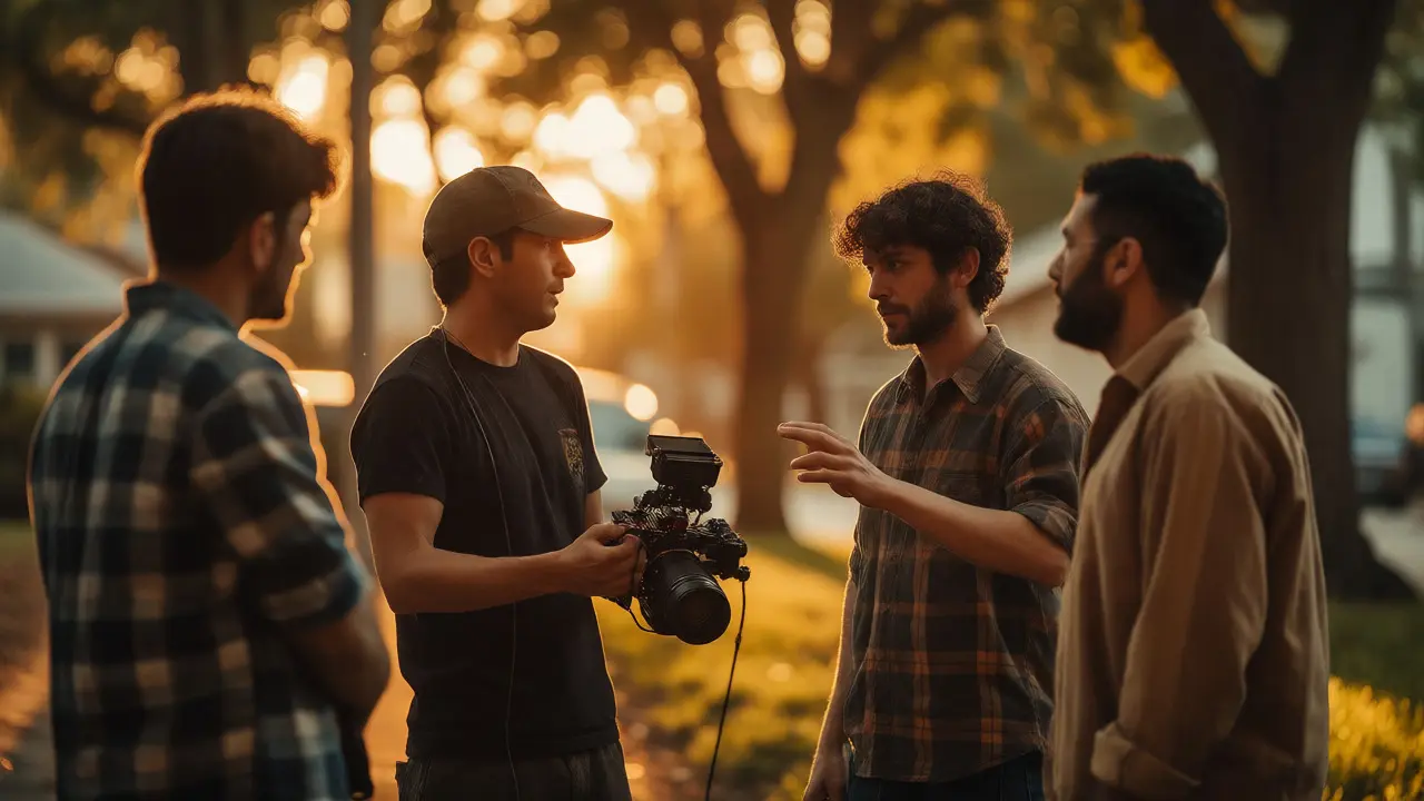 Small film crew filming outdoors using natural golden hour light