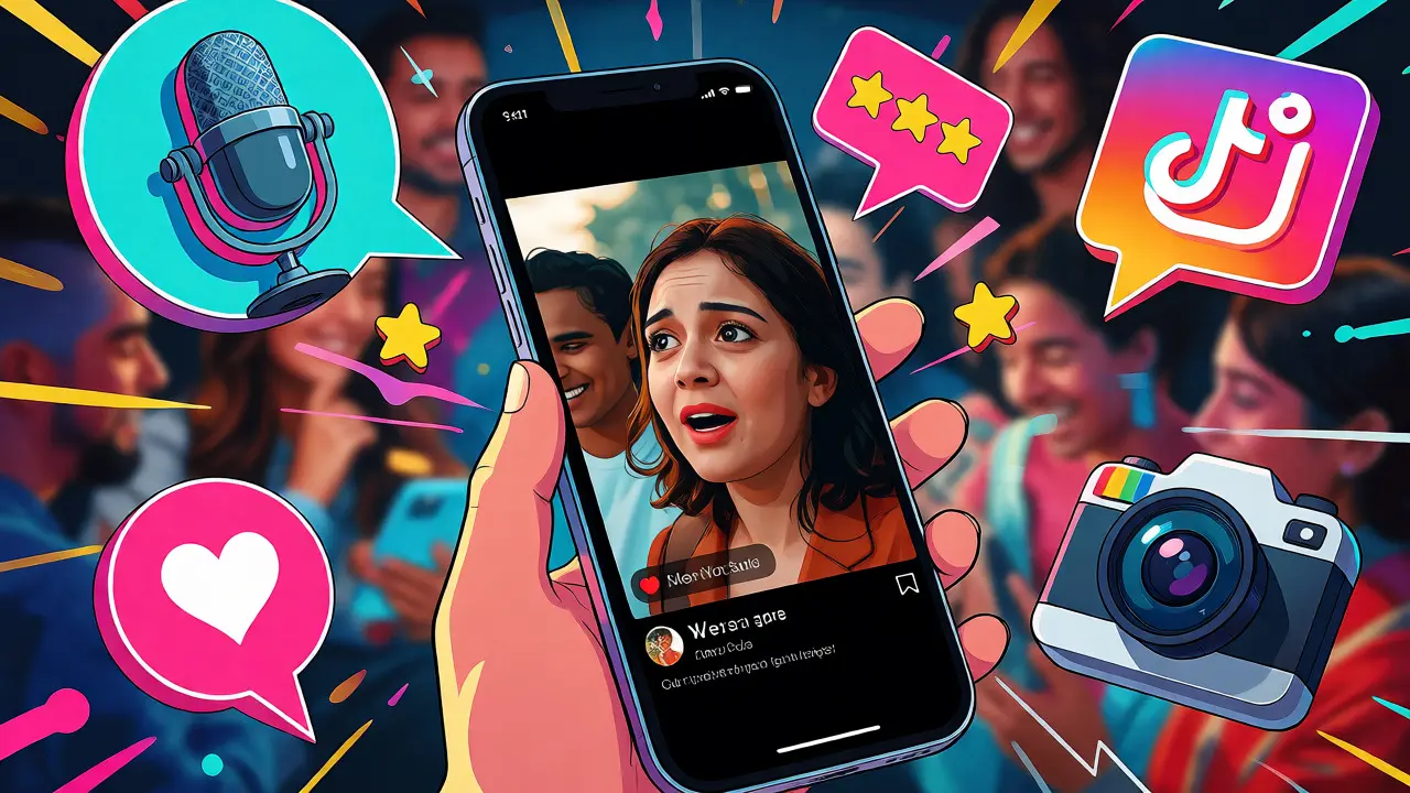 Smartphone showing a viral movie clip surrounded by social media influence icons.