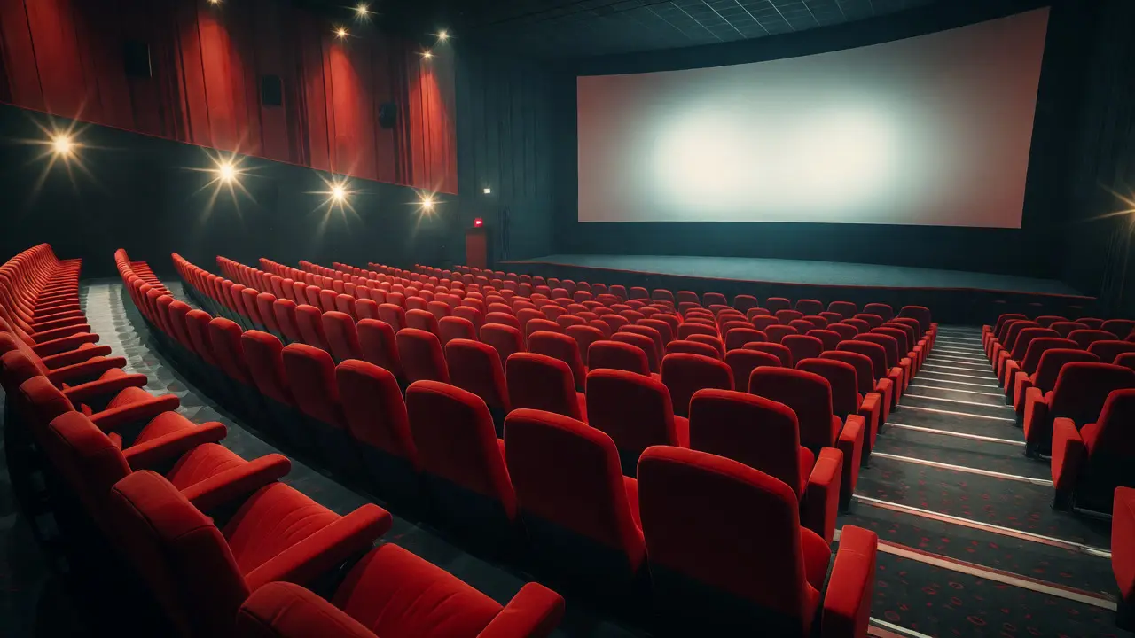 Sparsely populated luxury cinema auditorium with empty red seats