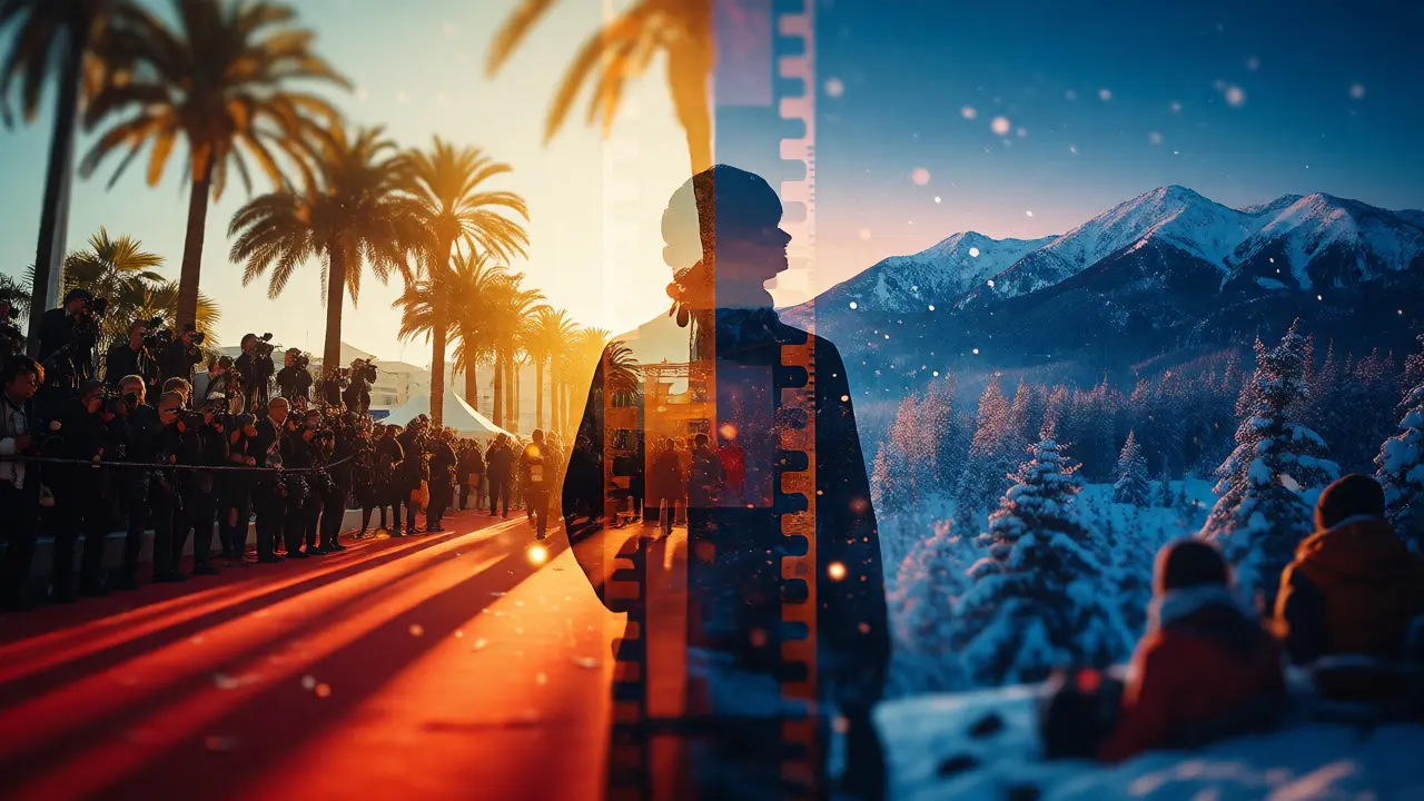 Split image contrasting sunny Cannes and snowy Sundance festival vibes