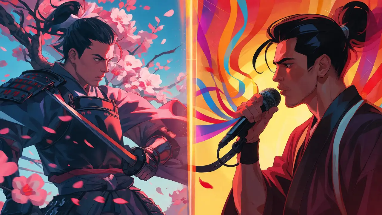 Split image showing anime and western styles merging via dubbing.