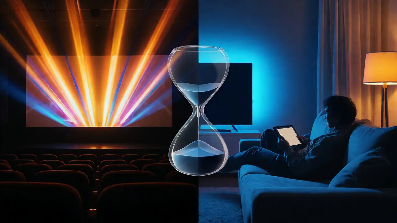 Split scene contrasting bright theater with cool home viewing