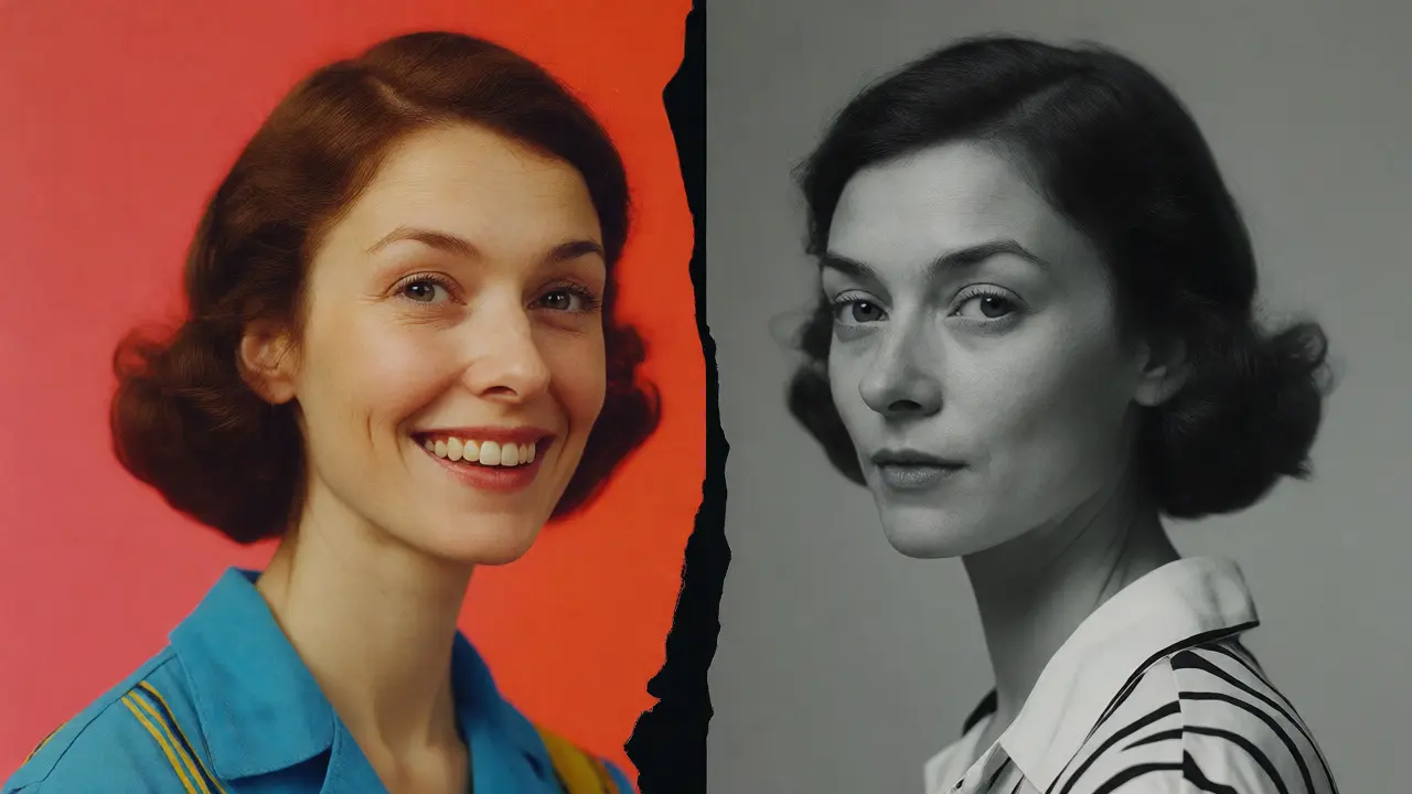 Split-screen comparison of a character's biased memory versus objective reality.