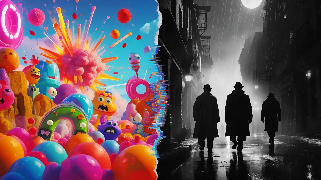Split-screen concept contrasting colorful family movies with dark prestige dramas.