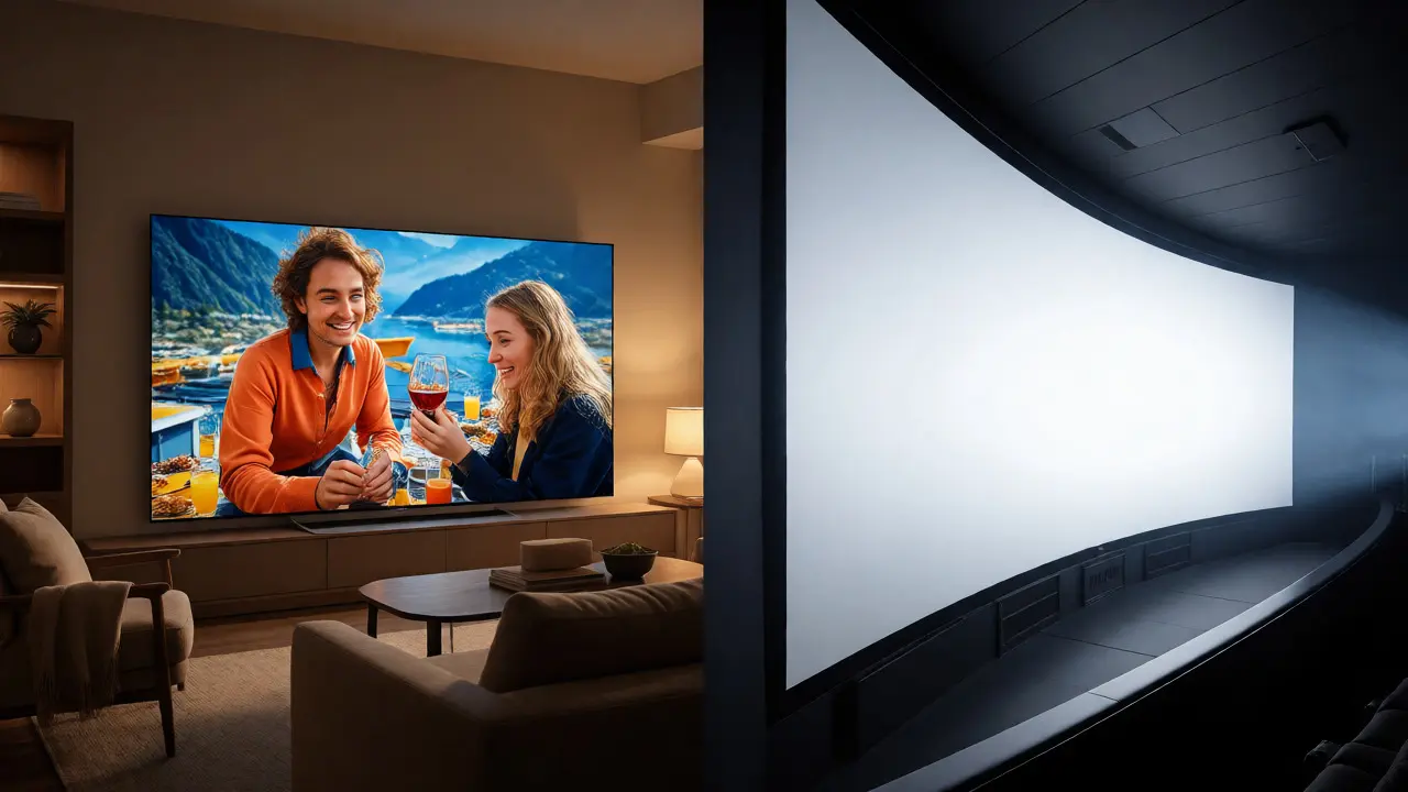 Split view comparing a home OLED TV setup with a large-scale IMAX cinema projection.
