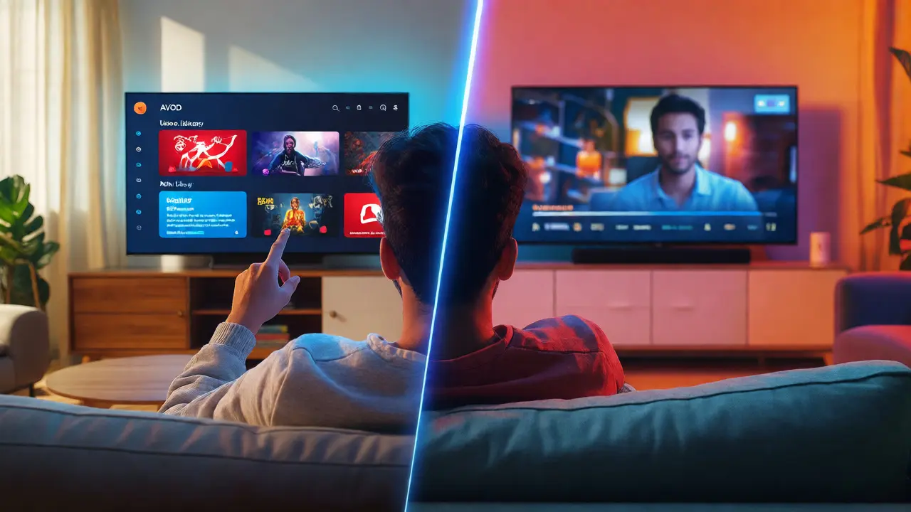Split view comparing active on-demand selection versus passive linear TV viewing.