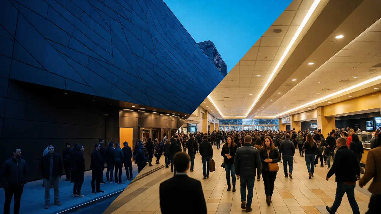 Split view comparing an exclusive NYC art-house premiere with a busy suburban multiplex lobby.