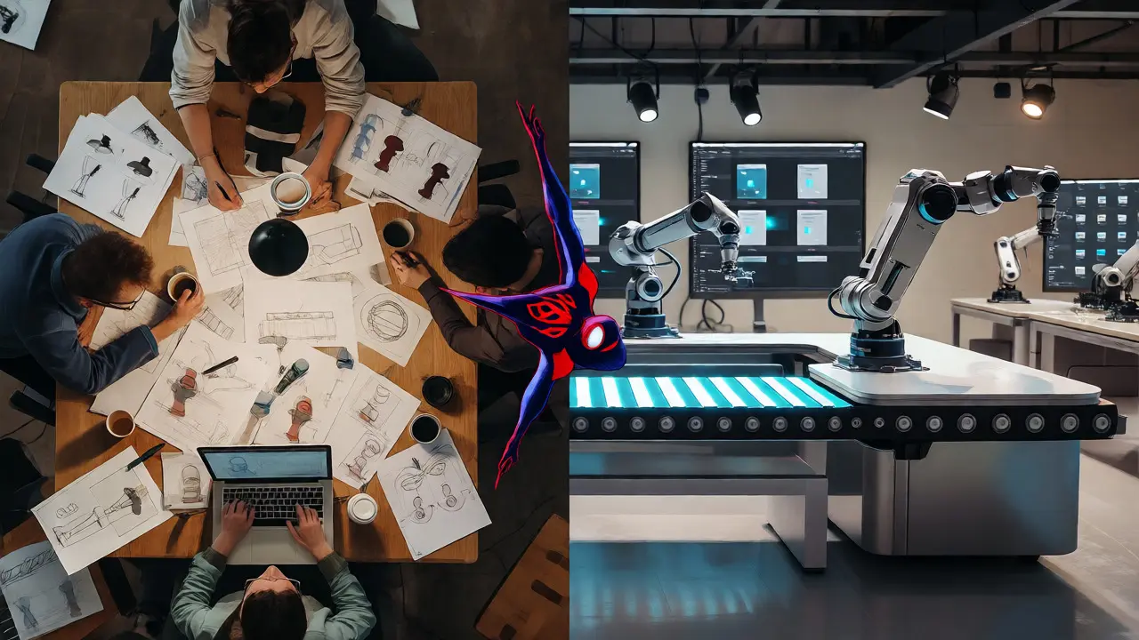 Split view comparing chaotic indie animation workflow with sleek, automated large-studio pipelines.