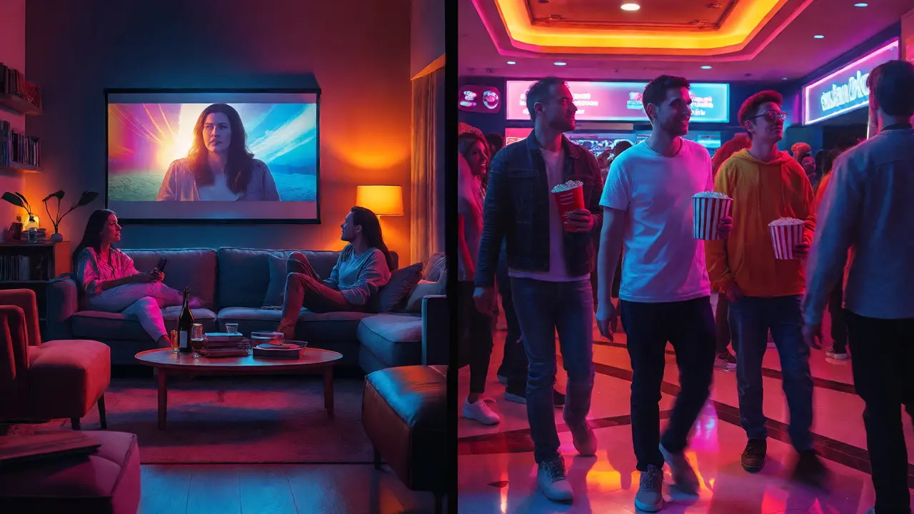 Split view comparing home streaming comfort with busy cinema crowds.