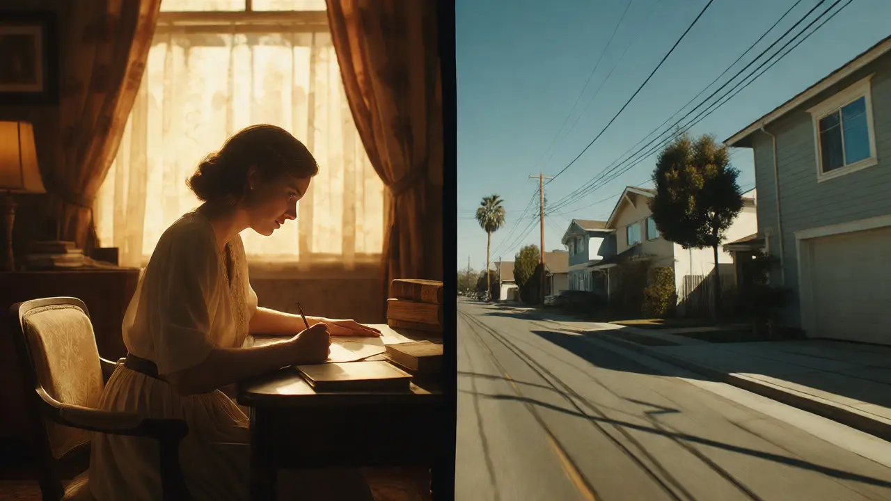Split view of a writer in a warm room and a tense suburban street