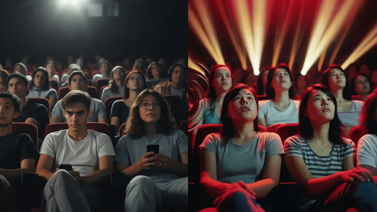 Split view of bored versus engaged movie audiences
