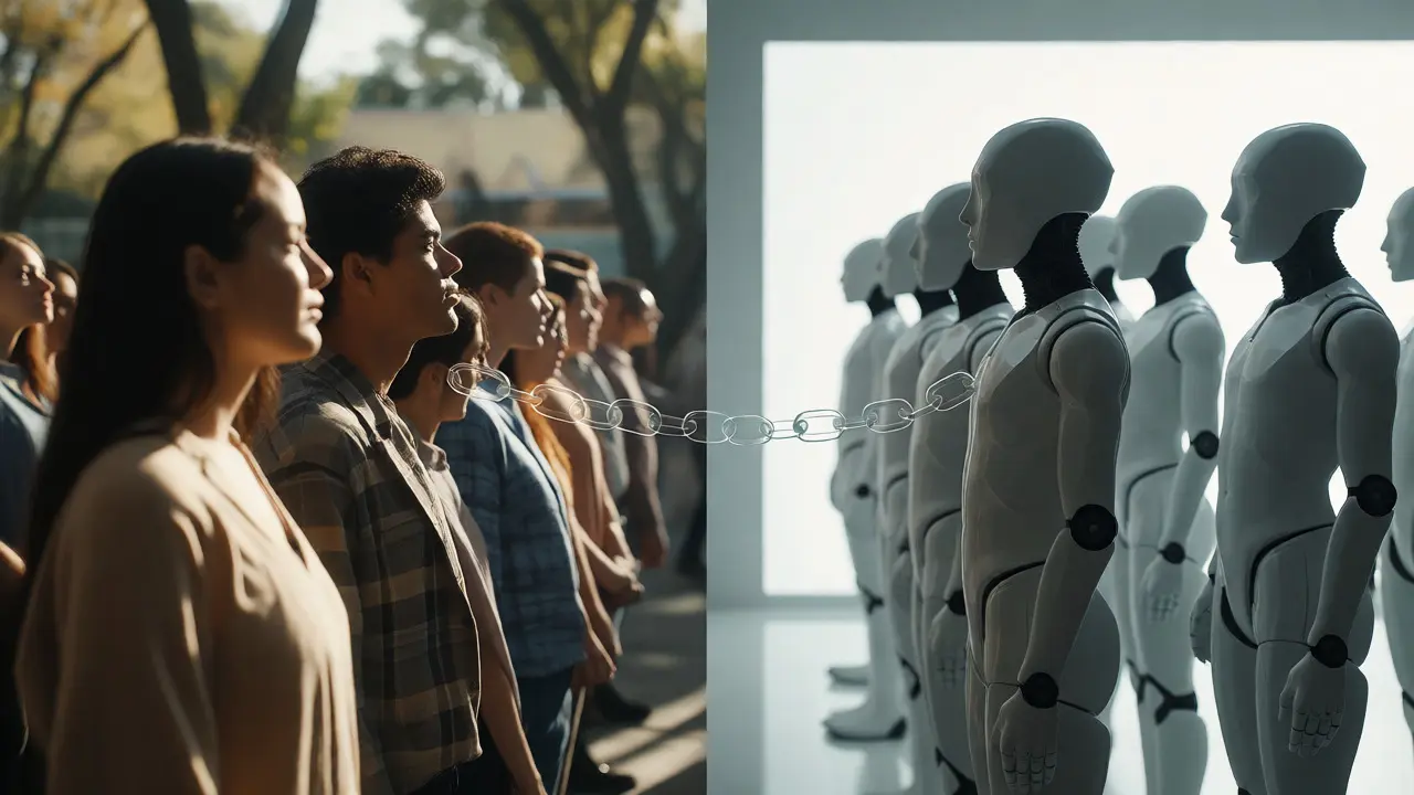Split view showing real actors waiting for work next to uniform, faceless digital avatars representing synthetic performers.