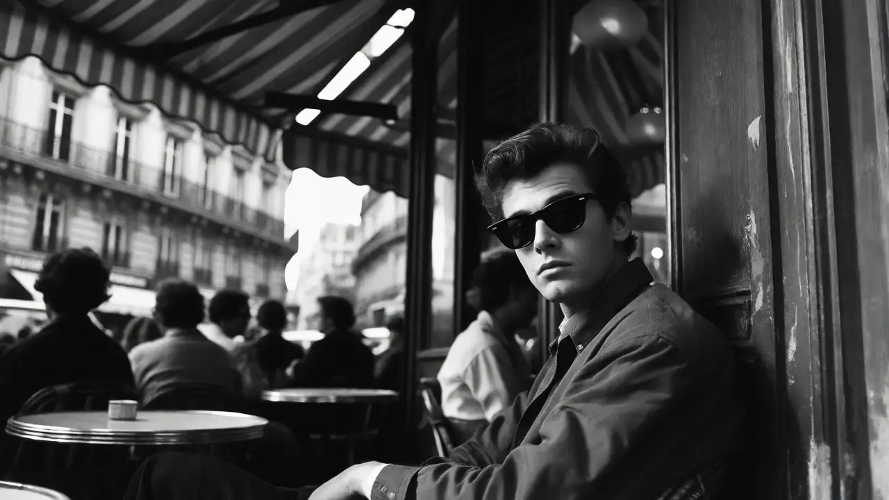 Stylish young man with sunglasses in a Parisian cafe, French New Wave aesthetic.