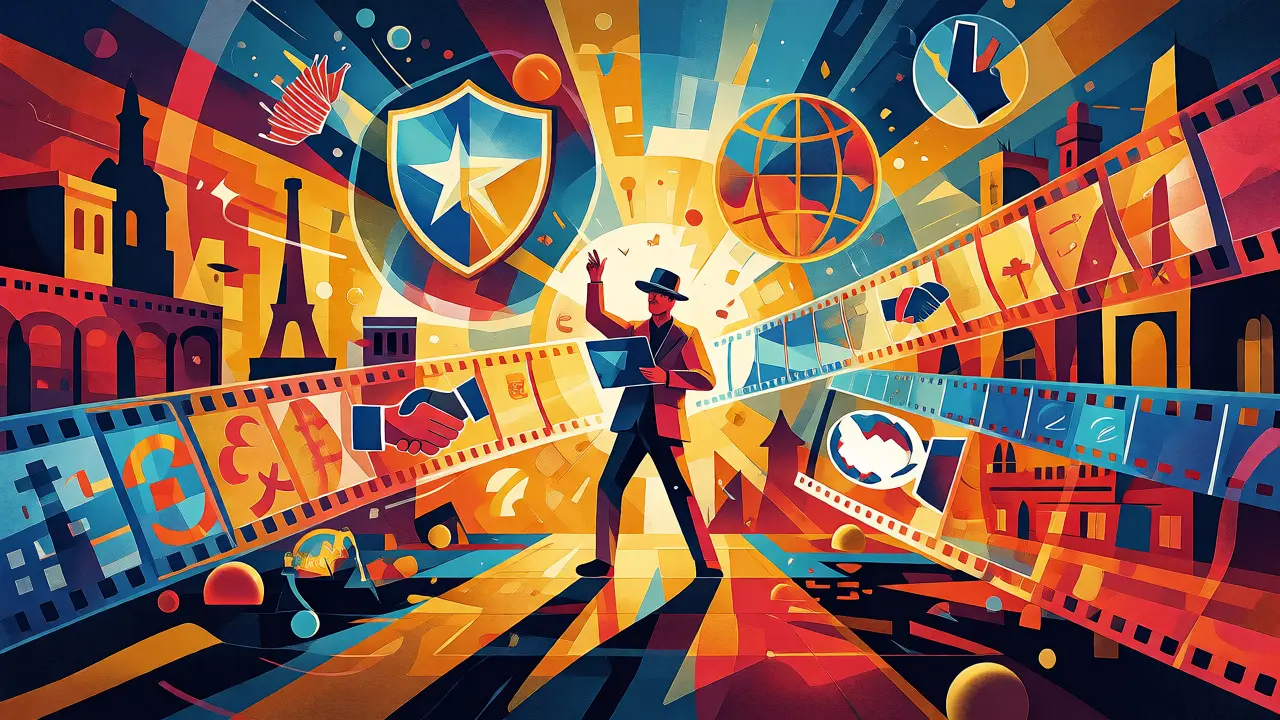 Stylized director surrounded by icons of global funding sources and cultural hubs.