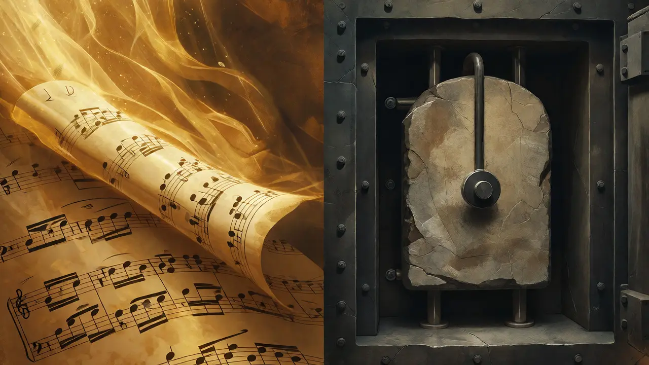 Surreal art depicting publishing rights as light and master rights as a vault