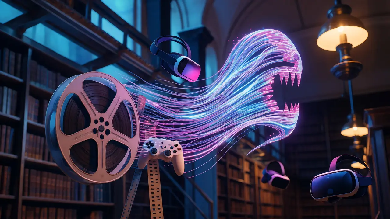 Surreal artistic concept blending film reels, VR tech, and ghostly figures in a dark library.